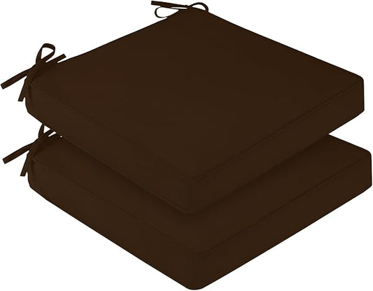 downluxe Waterproof Outdoor Chair Cushions Set of 2, 19" x 19" x 3" Patio Chair Cushion with Non-Slip Ties & Handle, Square Outdoor Cushion for Patio Furniture with Removable Cover, Brown