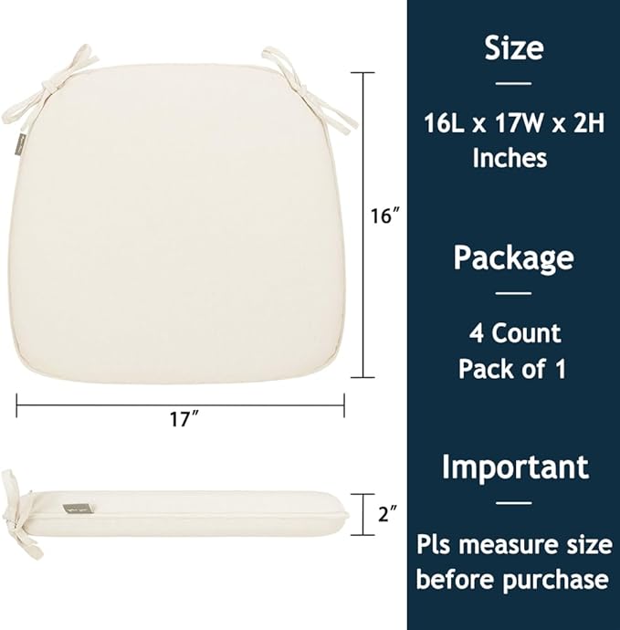 Magpie Fabrics 17"x16"x2" U-Shape Chair Cushions with Ties 4 Count, Outdoor Indoor Waterproof All Weather Seat Pads Decoration for Patio Garden Dining Office - Cream Beige