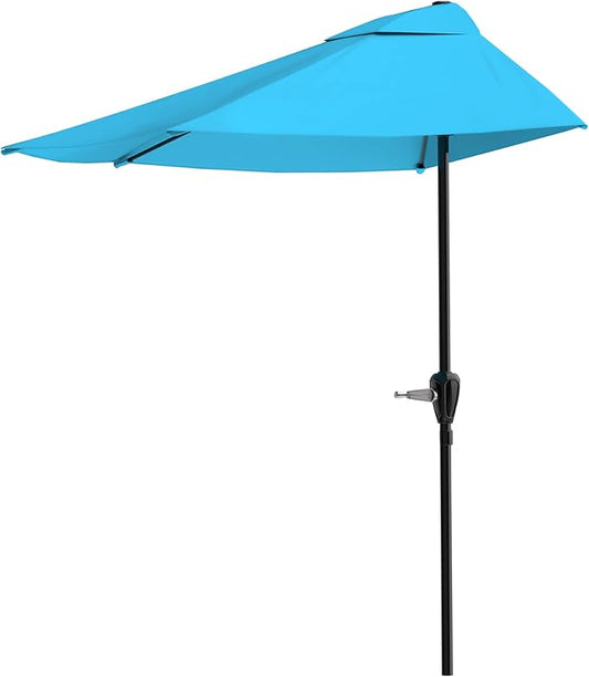 Half Umbrella Outdoor Patio Shade - 9 ft Patio Umbrella with Easy Crank - Small Canopy for Balcony, Table, or Deck by Pure Garden (Brilliant Blue)