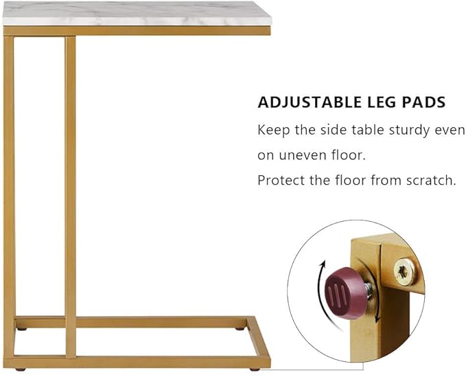 ROSEN GARDEN C-Shape Side End Table, Gold Faux Marble Tray Snack Table with Metal Frame, Laptop Coffee Holder, Gold Modern Furniture