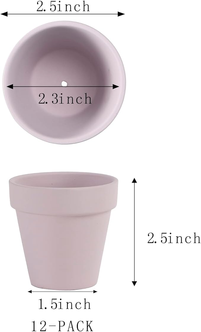 12 PCS Small Mini Pink Clay Pots with Drainage Holes, 2.5inch Terra Cotta Pot Clay Ceramic Pottery Planter, Succulent Nursery Pot/Cactus Plant Pot, for Indoor/Outdoor Plants, Crafts, Wedding Favor