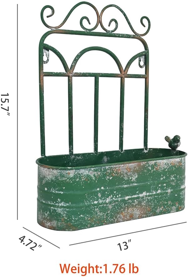 Vintage Rustic Wall Planter Distressed Green Decor Metal Hanging Plant Basket Shabby Iron Wall Mounted Flower Holder Pot Stand for Indoor Outdoor Home Balcony Patio Farmhouse Garden Decorative