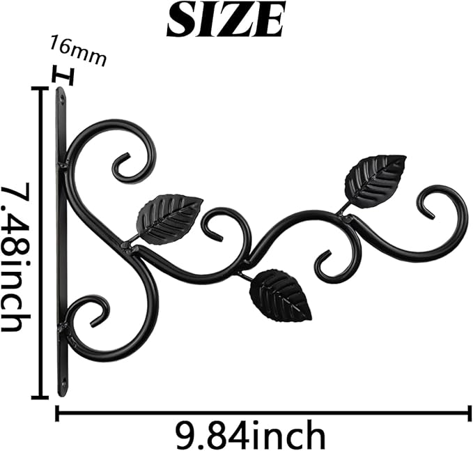 TIHOOD 2PCS Wall Hook Hanging Plant Brackets, Metal Plant Bracket Iron Wall Mount Leaf Black Hangers for Hanging Bird Feeders, Lanterns, Wind Chimes, Planters, Outdoor Decoration Hooks