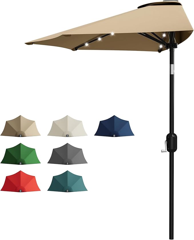 Garvee Patio Umbrella 9FT - Half Umbrella Outdoor with Solar LED Lights and Smooth Crank Lift, Outdoor Shade Canopy for Patio, Backyard, Garden, Deck, Balcony -Tan