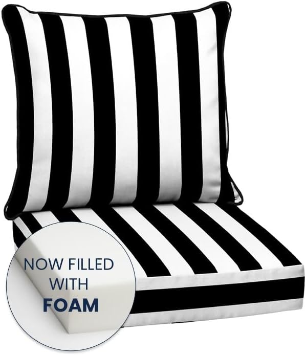 Arden 24x24 Outdoor Deep Seat Cushion Set – Fade-Resistant, Weather-Resistant Outdoor Patio Replacement Cushions Black Cabana Stripe