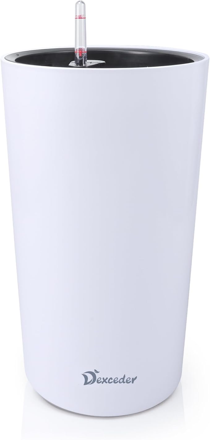 Dexceder 22x13 Tall Self Watering Planter High Cylinder Indoor Outdoor, Thickened Large Floor Standing Flower Plant Pot with Water Level Indicator (White Matte)