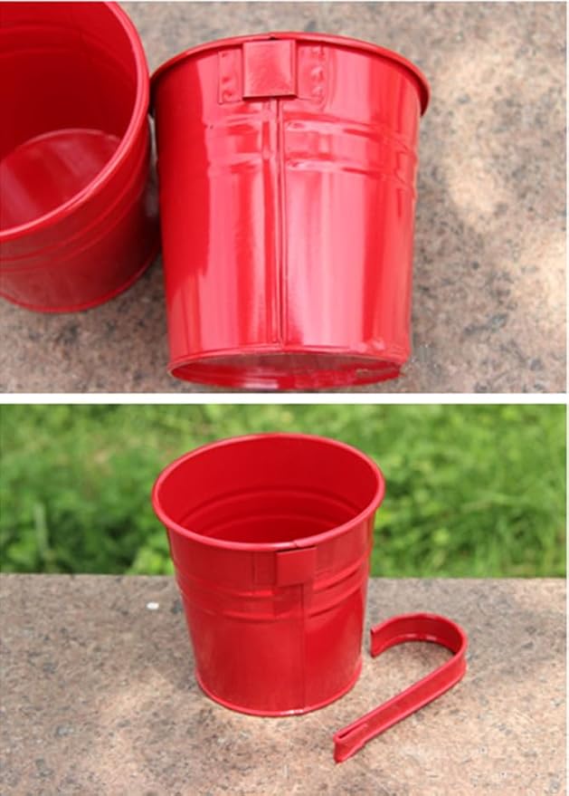 Leoyoubei Vintage Hanging Cup Holders with Removable Hooks -5 Pack Metal Iron Buckets Hanging Flower Pots Wall Fence Hanging Planter-Storage Box, Drainage Holes -5''Diameter Vase (Red)