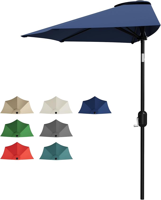 Garvee Patio Umbrella 9FT - Half Umbrella Outdoor with Smooth Crank Lift, Outdoor Shade Canopy for Patio, Backyard, Garden, Deck, Balcony -Navy Blue