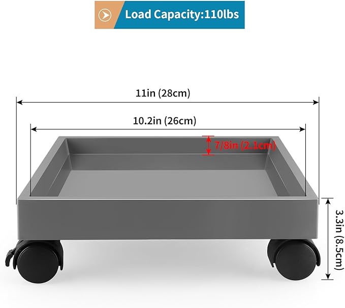 Plant Caddy with Wheels, 11" Square Plant Pallet, Plant Pot Trolley (Grey)