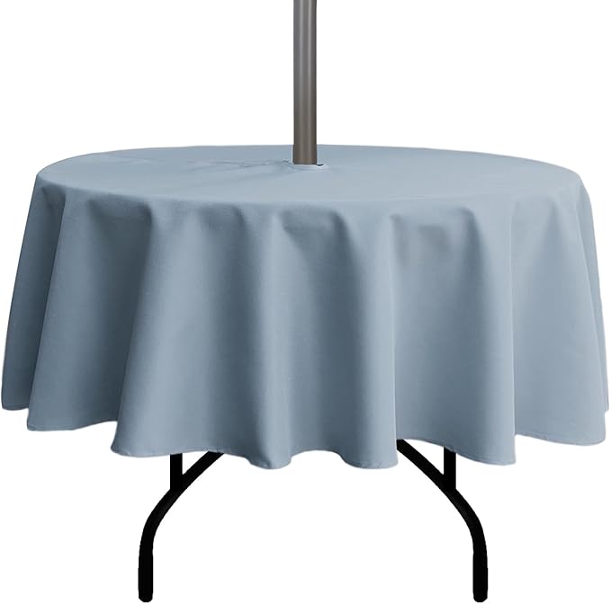 Outdoor Tablecloth Wrinkle-Free Stain Resistant Waterproof Polyester Fabric Table Cover with Zipper Umbrella Hole for Picnic/Party/Dinner/Patio Garden(60inch Round,Zippered,Blue Fog)