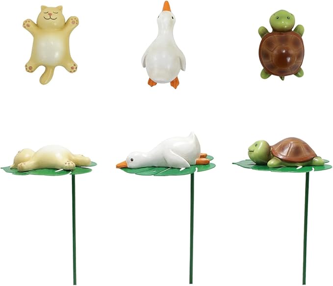 Planter Decorations,Kitten, Duck and Turtle Lying on Leaves Garden Stakes for Flower Pot Indoor and Outdoor Cute Animal Fridge Magnets Decor