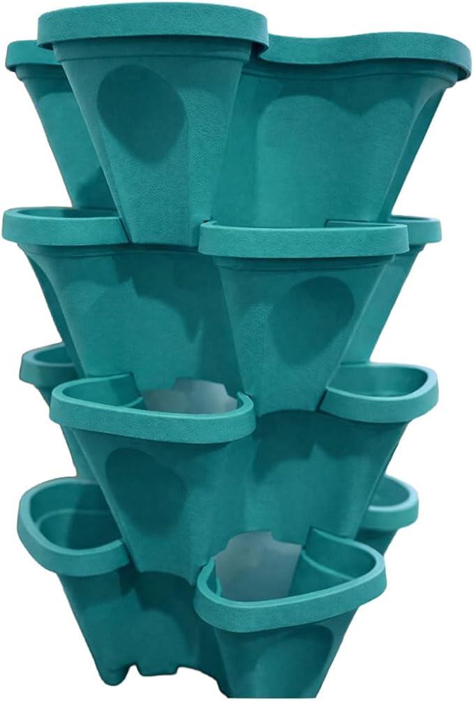 Large Vertical Planter Tower, 4 Tier Stackable Garden Planter, 28 Plant Sites, Heavy Duty Strawberry Planter, Vertical Growing System with Center Hole, Made in USA (Mineral Teal, Large)