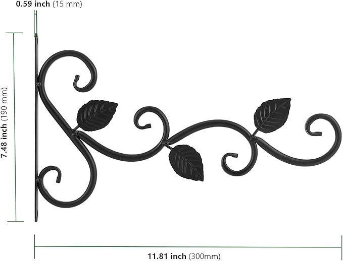 HAKZEON 4 Pack 12 Inches Wall Hook Hanging Plant Bracket, Metal Planter Hook Wall Mounted Elegant Decorative Hanger Hook with Screws, for Lanterns, Planters, Flower Baskets, Wind Chimes, Black