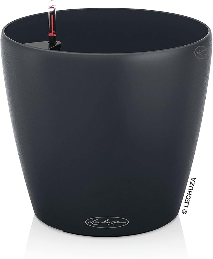 Lechuza Classico Color 21 Slate, Self-Watering Small Round Planter, D8.3 H7.9 in