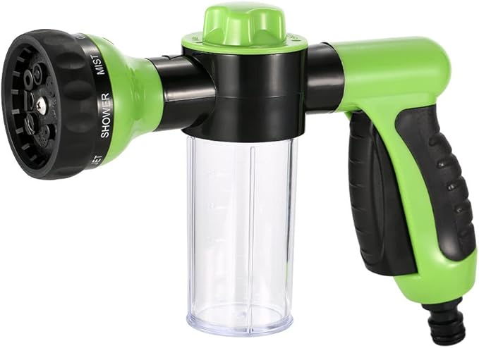 Multifunctional Car Wash Nozzle with Soap Dispenser - 8 in 1 High Pressure Garden Hose Nozzle - Car Foam Wash Gun - Black, Green, Transparent