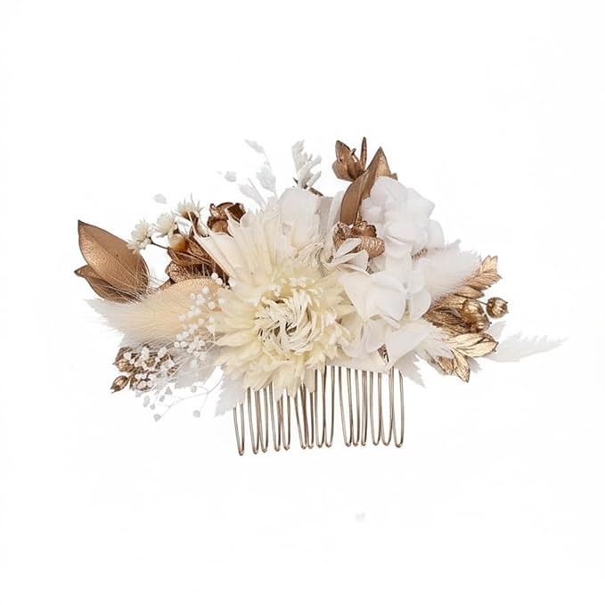 Rustic Preserved Dried Flower Hair Comb Natural Floral Headband with Daisy Cream Mixed Flowers for Women Brides Bridesmaids Flower Girls Family Photography