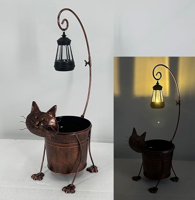 Solar Lights Outdoor with Planter Pot,Metal Cat Solar Lamp Post with Planter Base Outdoor Decorative for Yard,Porch,Patio,Floor Light with Garden Pots