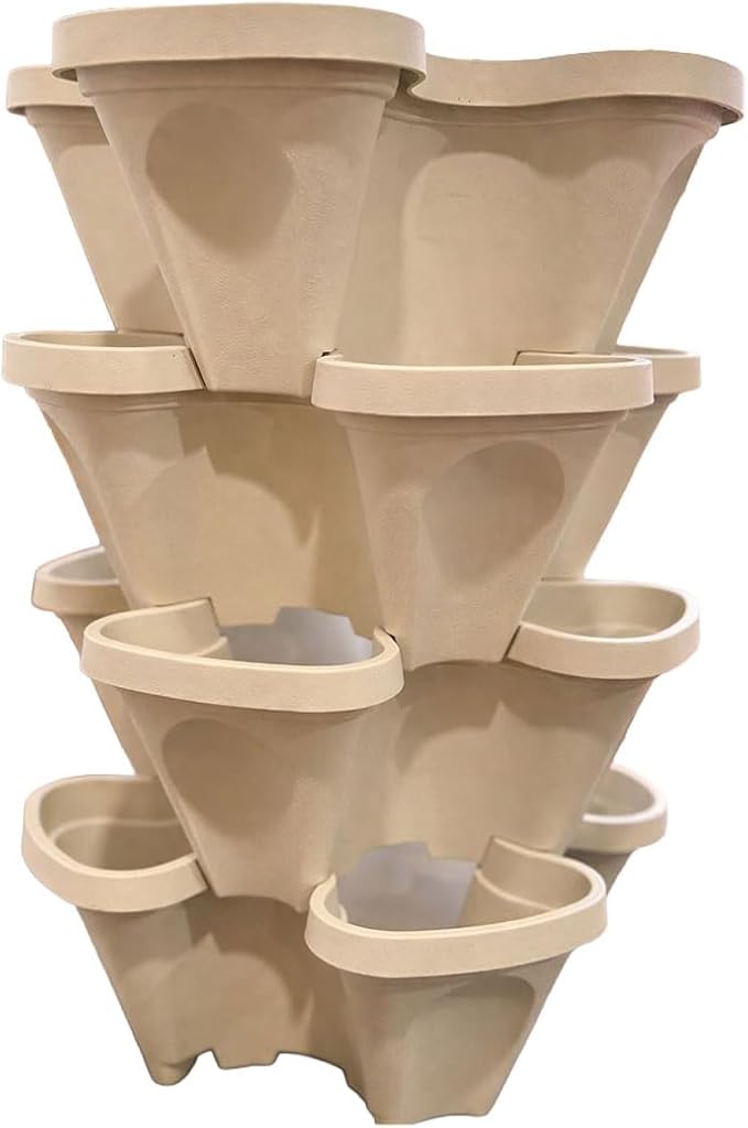 Vertical Garden Planter 4 Tier Stackable System 16 Plants, Space Saving Herb, Strawberry & Food Crop Planter with Center Support Hole for Indoor Outdoor Gardening (4, Desert Sand, Large)