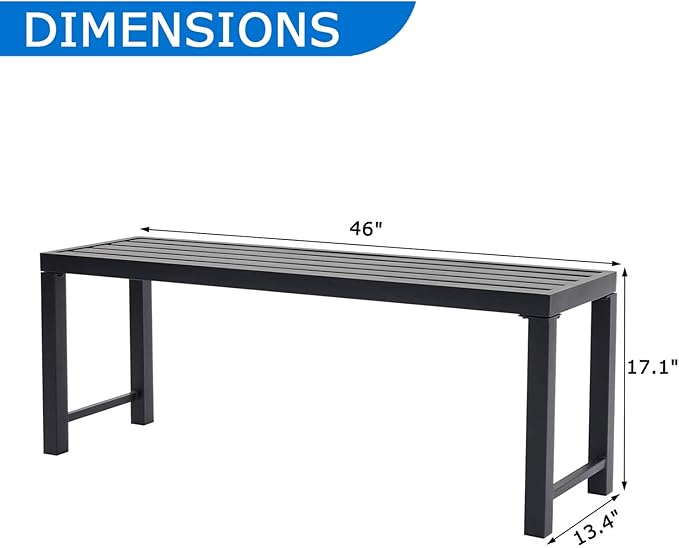 46" Outdoor Metal Backless Bench, All-Weather Patio Garden Bench for Backyard, Porch, or Lawn, Durable Steel Bench for Outdoor Spaces, Black