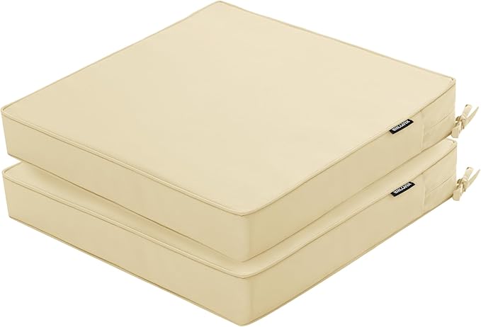Outdoor Chair Cushions 24 x 24 Inch Water Resistant Patio Chair Cushions with Tie 3 Year Color Fastness Thick Outdoor Seat Cushion for Garden Lawn Patio Furniture Beige Set of 2