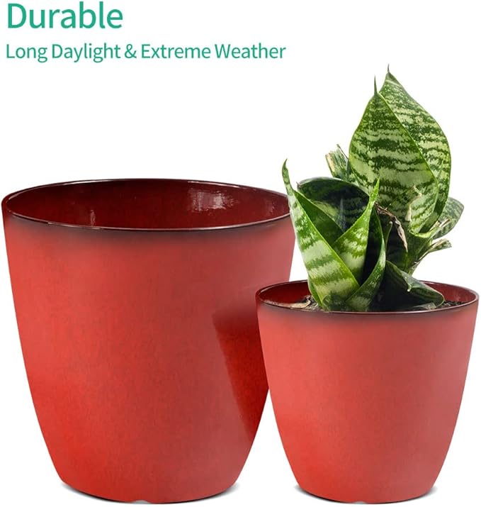 2 Pack Plant Pots Durable Decorative Flower Pots,8 Inch Planter with Drainage Hole + 6 Inch Planter Set for Indoor and Outdoor Plants,Flowers,Succulents - Red