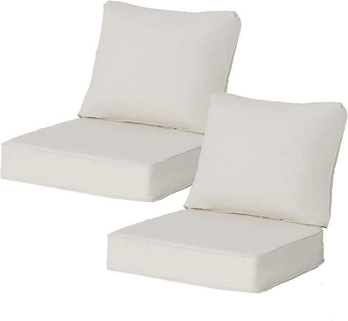 24x24 Inch Outdoor Deep Seat Cushions Set of 2,Thick High-Density Foam, Water-Resistant, Piped Edges & YKK Hidden Zipper for Patio Furniture,Almond
