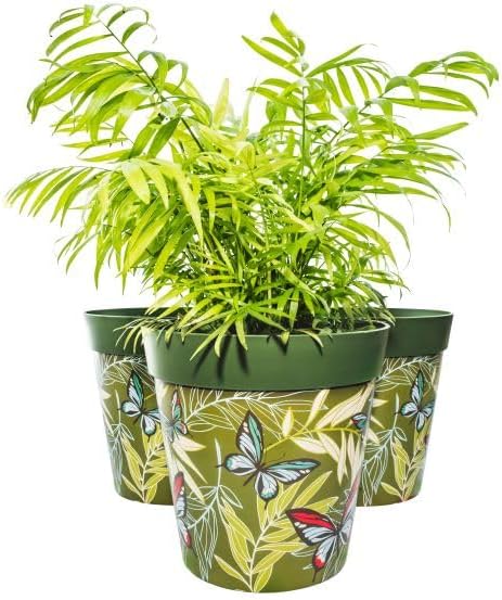 Hum Flowerpots, 10 inch Set of 3, Various Patterns Colors and Sizes, Indoor/Outdoor Plastic Plant Pots (Green Butterfly Palms)