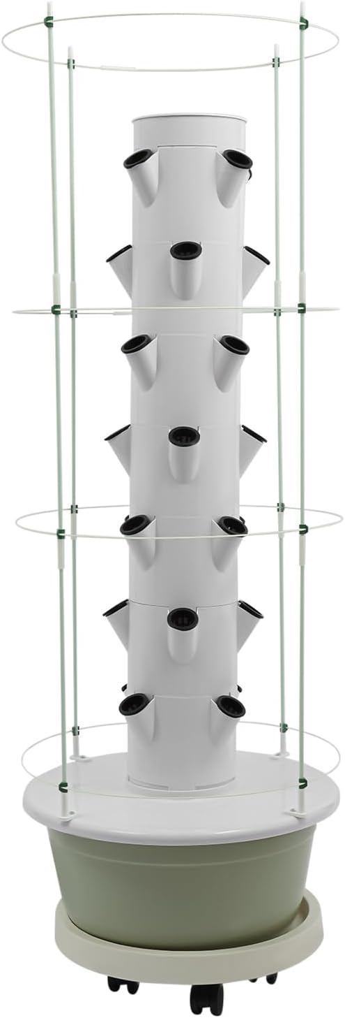 Hydroponic Growing System Kit, Vertical Hydroponic Tower with Climbing Trellis, Indoor & Outdoor Herb Garden, Vegetable Tower with 28 Planting Pods for Tomatoes,Strawberries (White and Light Green)