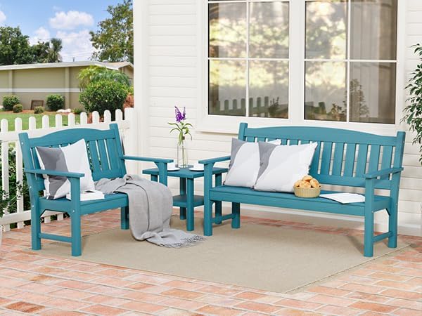 Psilvam 3-Person Outdoor Memorial Bench, All-Weather Poly Lumber Garden Bench, Rot-Resistant Outdoor Patio Bench for Park,Porch,and Church(Blue)