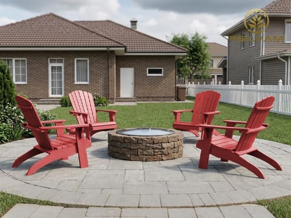 Psilvam Adirondack Chair, Oversized Poly Lumber Fire Pit Chair with Cup Holder, 350Lbs Support Patio Chairs for Garden, Weather Resistant Outdoors Seating, Relaxing Gift for Father & Mother (Red)