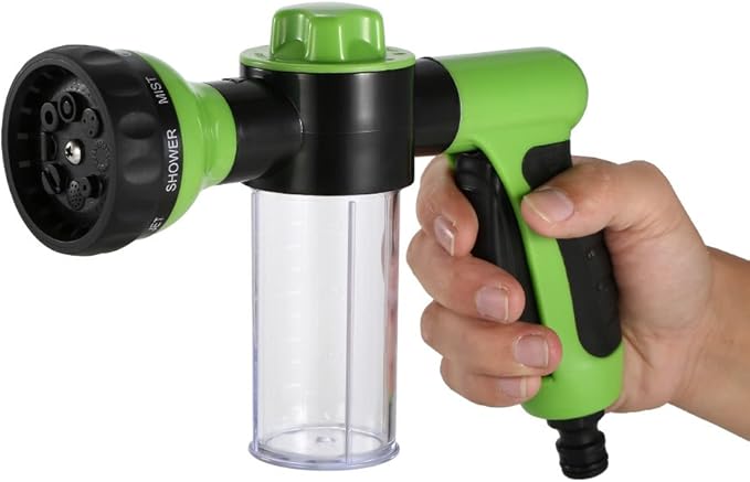 Multifunctional Car Wash Nozzle with Soap Dispenser - 8 in 1 High Pressure Garden Hose Nozzle - Car Foam Wash Gun - Black, Green, Transparent