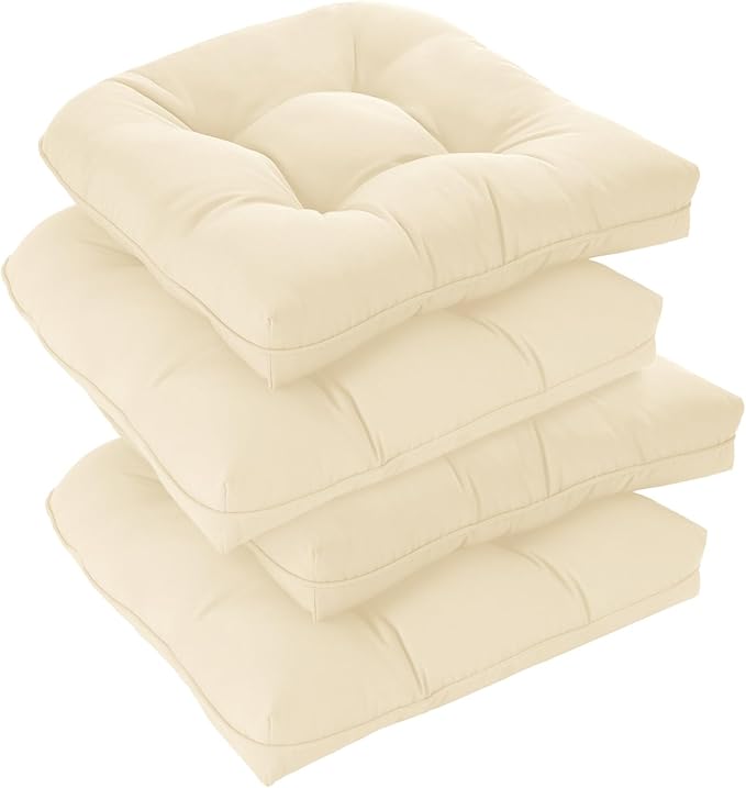 downluxe Outdoor Chair Cushions Set of 4 for Patio Furniture, Waterproof Tufted Overstuffed Patio Furniture Cushions, Memory Foam Outdoor Seat Cushion, 19" X 19" X 5", Beige