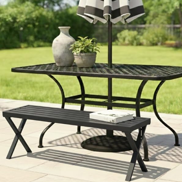 Outdoor Metal Backless Bench Weatherproof Patio Bench with Slatted Seat, X-Shaped Legs, All-Weather Garden Bench for Porch, Patio, Lawn and Backyard, Black