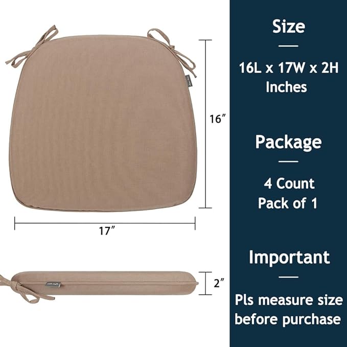 Magpie Fabrics 17"x16"x2" U-Shape Chair Cushions with Ties 4 Count, Outdoor Indoor Waterproof All Weather Seat Pads Decoration for Patio Garden Dining Office - Khaki
