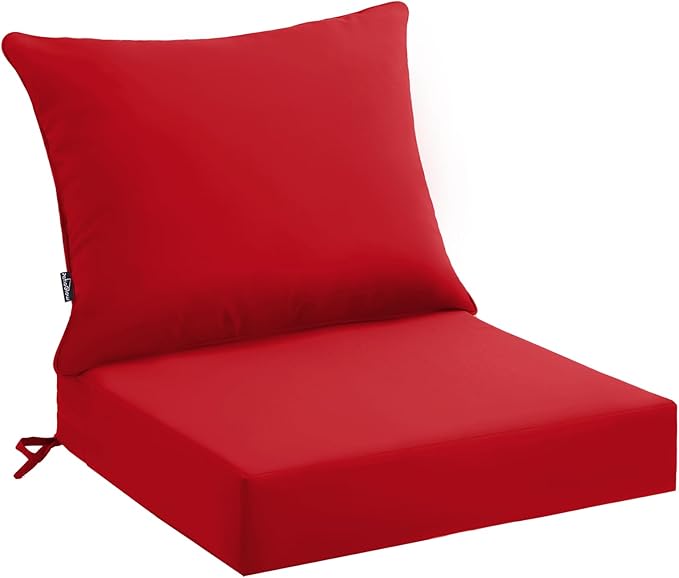 Outdoor Seat Cushion Set 24 x 24 x 4 Inch, Waterproof & Fade Resistant Patio Furniture Cushions with Removable Cover and Ties, Thick Deep Seating Pads for Outside Chair Sofa Couch, Red