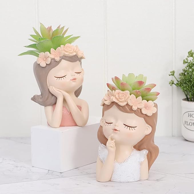 Small Cute Girl face Succulent pots with Drainage Hole Fairy Garden pots Gifts idea for Plants Lovers Decorative Flower Pot Head Planter for Indoor Plants Tiny Cactus Container