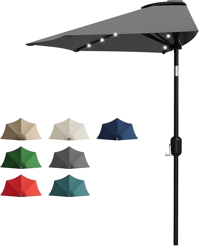 Garvee Patio Umbrella 9FT - Half Umbrella Outdoor with Solar LED Lights and Smooth Crank Lift, Outdoor Shade Canopy for Patio, Backyard, Garden, Deck, Balcony -Gray