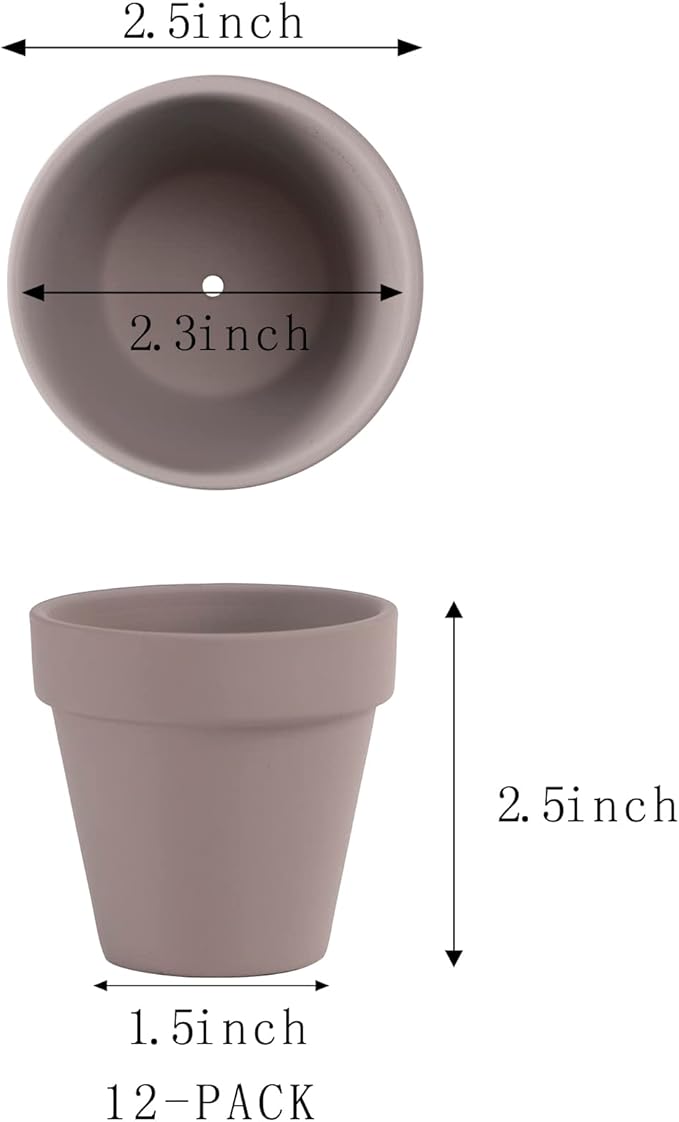 Fcacti 12 PCS Small Mini Grey Clay Pots with Drainage Holes,2.5inch Terra Cotta Pot Clay Ceramic Pottery Planter,Succulent Nursery Pot/Cactus Plant Pot,for Indoor/Outdoor Plants,Crafts,Wedding Favor