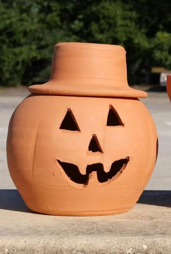 Terracotta Jack-o'-Lantern Pumpkin with Witch Hat – Handmade Clay Halloween Decoration – Rustic Fall Centerpiece – 2-Piece Natural Pumpkin Planter – Indoor Outdoor Autumn Decor
