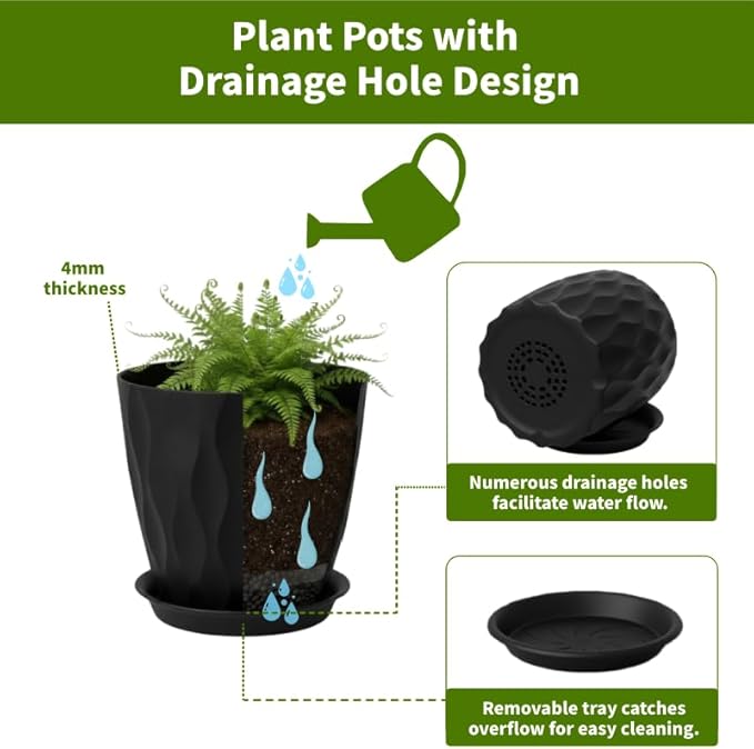 Plant Pots 8 Inch, 6 Pack Plastic Flower Pots for Indoor & Outdoor Plants, Planters with Drainage Holes and Saucer, Garden Pot for Plants(Black)