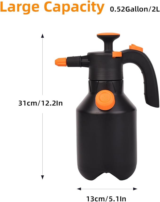 0.52Gallon Garden Pump Sprayer,Handheld Pressure Water Sprayer Bottle with Safety Valve,Adjustable Nozzle for Plants,Home Cleaning(Black 0.52Gallon/2L)