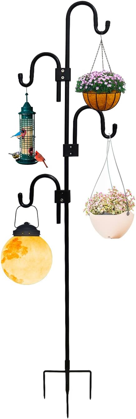 Shepards Hooks for Outdoor Adjustable Bird Feeder Pole with 5 Base Prongs 76 Inch Heavy Duty Garden Hanging Holder for Lanterns, Solar Lights, Bird Feeder, Wedding, Planter Pot-4 Hooks