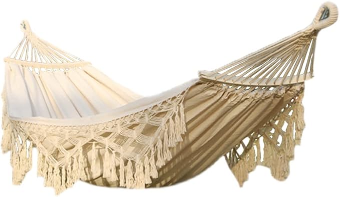 Cotton Canvas Tassel Hammock, Double Boho Hammocks with Macrame Fringe, Portable Camping Indoor Outdoor Garden Hammock Swing with Travel Bag, 150kg Load Capacity White