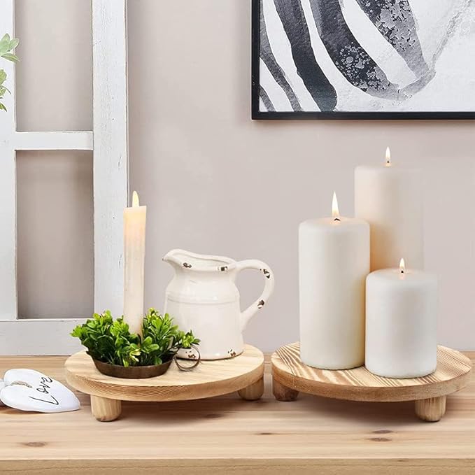 Wood Riser for Decor, 2 Pack Wood Pedestal Stand for Display, Round Wooden Tray for Kitchen Counter, Wooden Pedestal Stand for Plant Pot Indoor