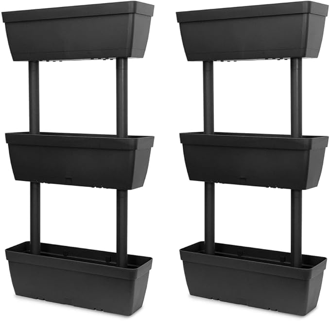 6 Pcs Anthracite Garden Planter Set, 39.4 Inch Stackable Flower Boxes with Water Reservoir, Expandable Patio Planters for Balcony Terrace, TPR Material Outdoor Plant
