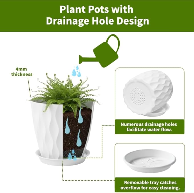 Plant Pots 8 Inch, 6 Pack Plastic Flower Pots for Indoor & Outdoor Plants, Planters with Drainage Holes and Saucer, Garden Pot for Plants (White)
