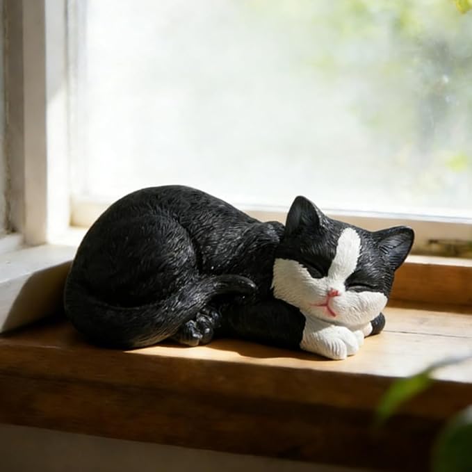 Garden Outdoor Decor Cats Statue, Sleeping Cat Figurines Garden Statues & Sculpture Decor for Patio, Porch and Lawn, Cat Memorial Stone Gifts for Lover and Womens Black