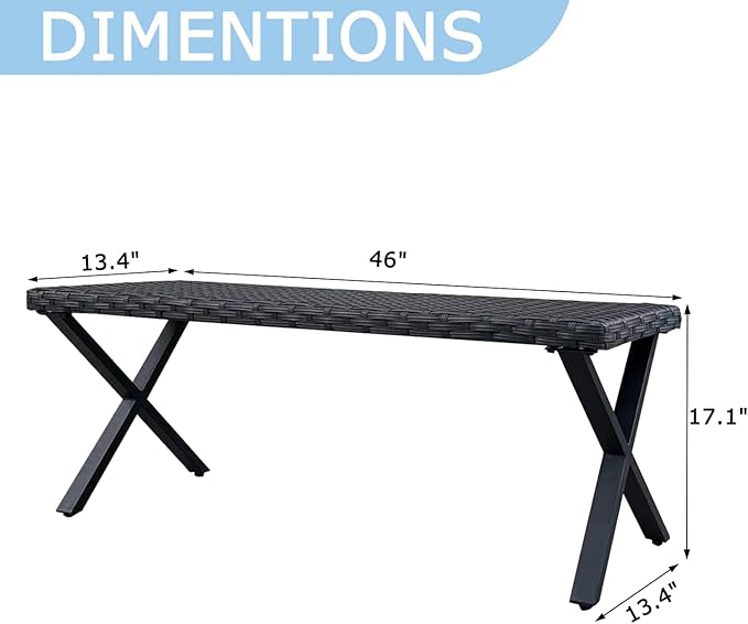 46” Black Rattan Bench with Metal X-Legs Set of 2, Wicker Frame Patio Bench for Hallway, All Weather Outdoor Bench for Garden, Backyard, Porch
