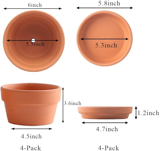 Yishang 6 Inch Terracotta Shallow Planters with Saucer/Tray,Ceramic Flower Clay Plant Pots with Drainage Hole,Unglazed Cactus/succlent Plant Containers Indoor Garden Bonsai Pots