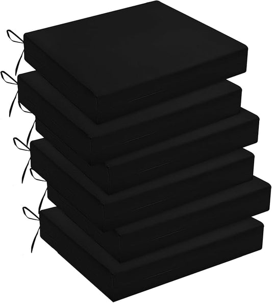 downluxe Outdoor Chair Cushions Set of 6 for Patio Furniture, Water-Resistant Square Corner Patio Chair Cushions with Ties, High Density Foam Outdoor Seat Cushion, 18.5" X 16" X 3", Black